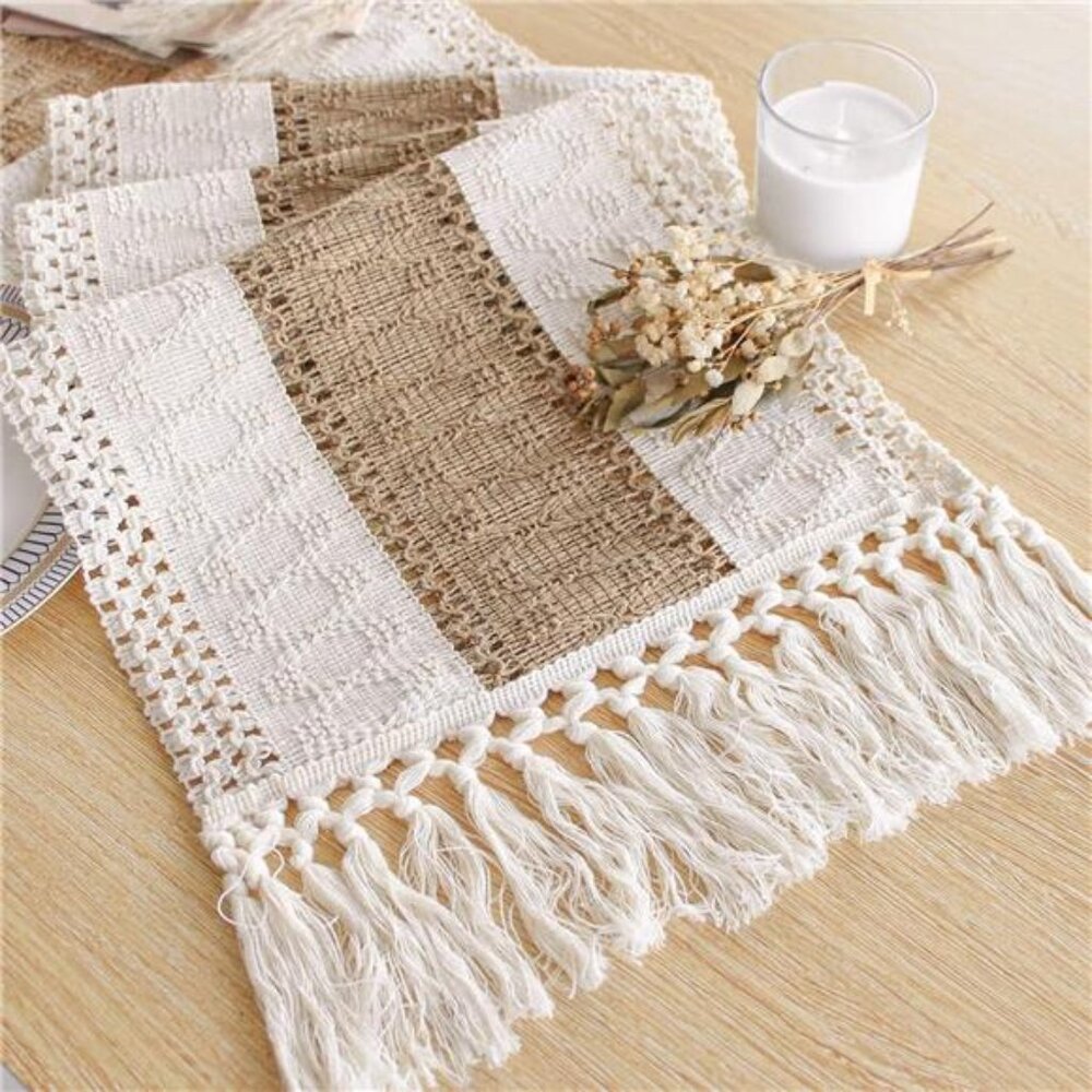 Boho Table Runner with Tassels - 72 Inc Cream & Brown Macrame Burlap-(12x72 Inch